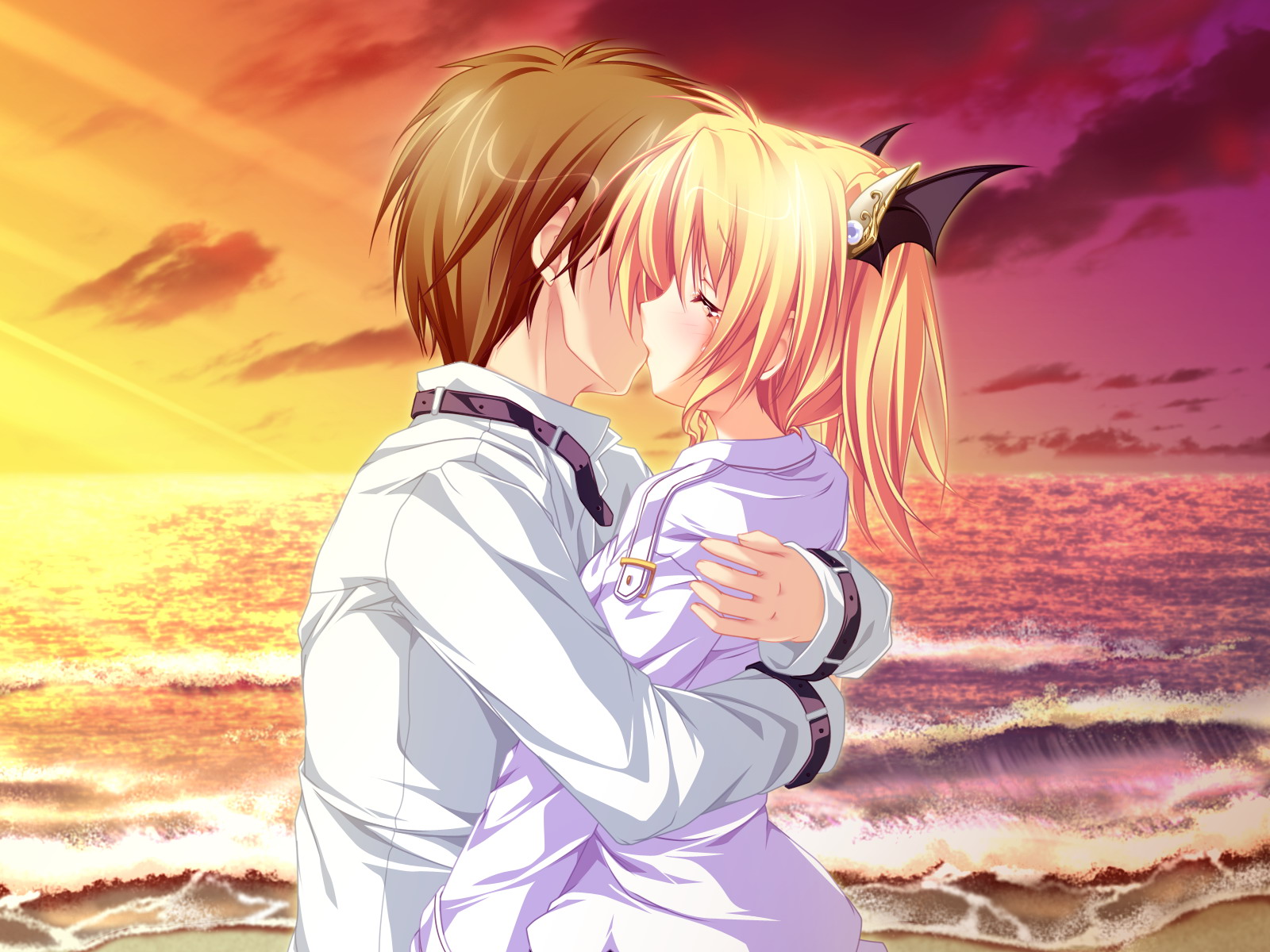 beach, blonde_hair, clouds, crying, game_cg, hug, kiss, magus_tale