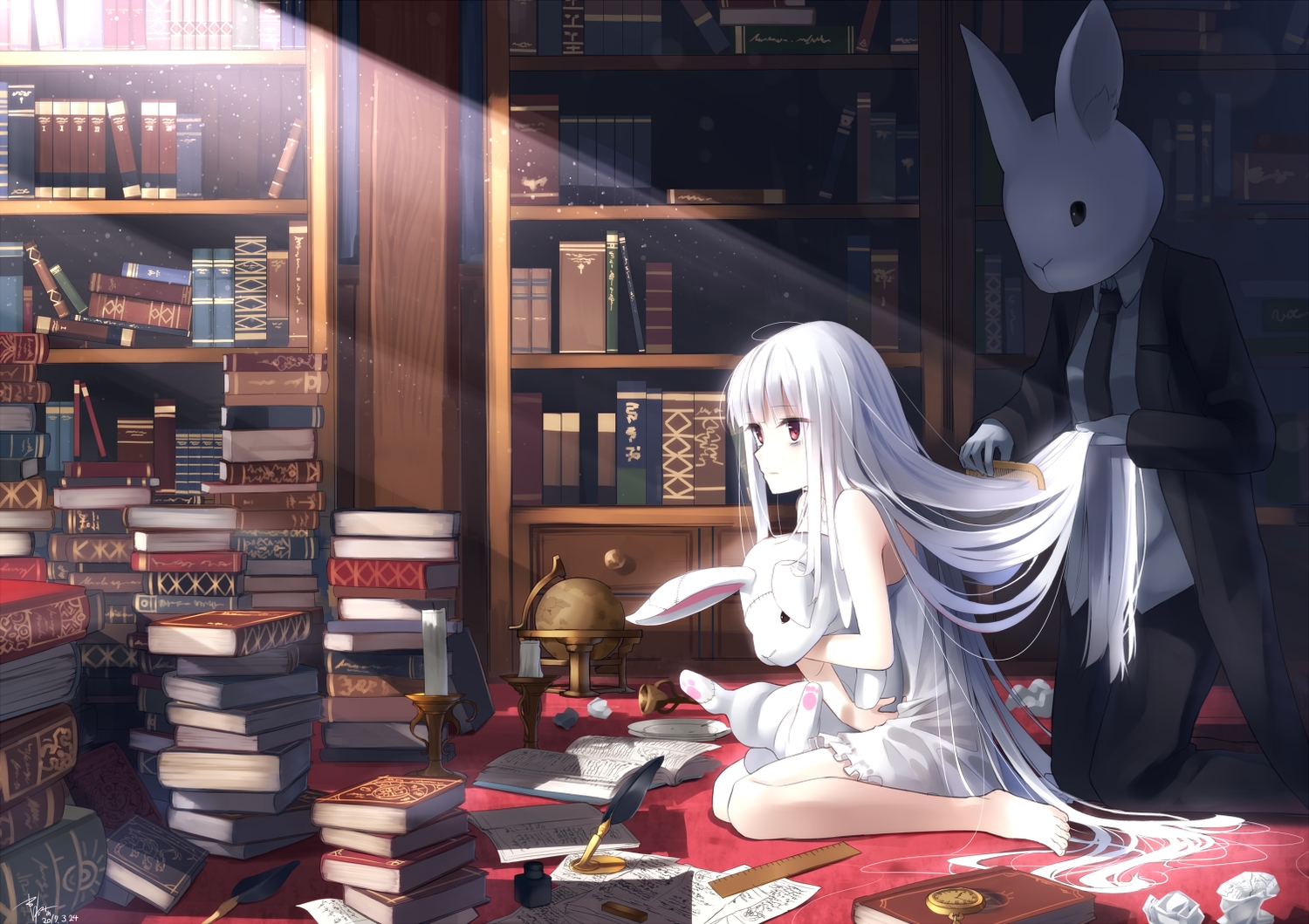 barefoot, book, bunny, dress, long_hair, makadamixa, original, paper