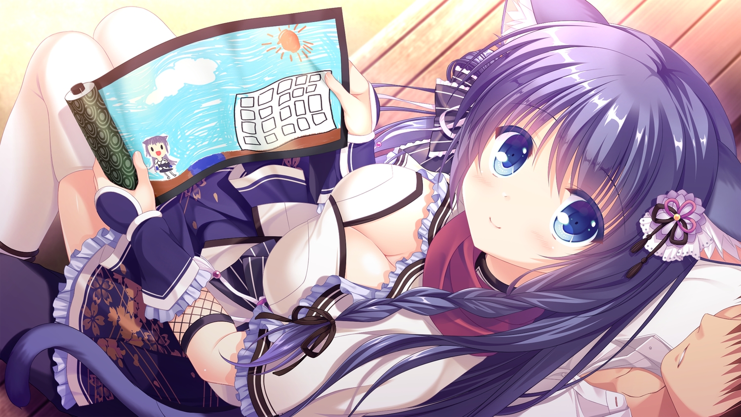 animal_ears, blush, braids, breasts, catgirl, cleavage, fuuma_tama, game_cg, long_hair, neko-nin_exheart, tail, takano_yuki, thighhighs, whirlpool