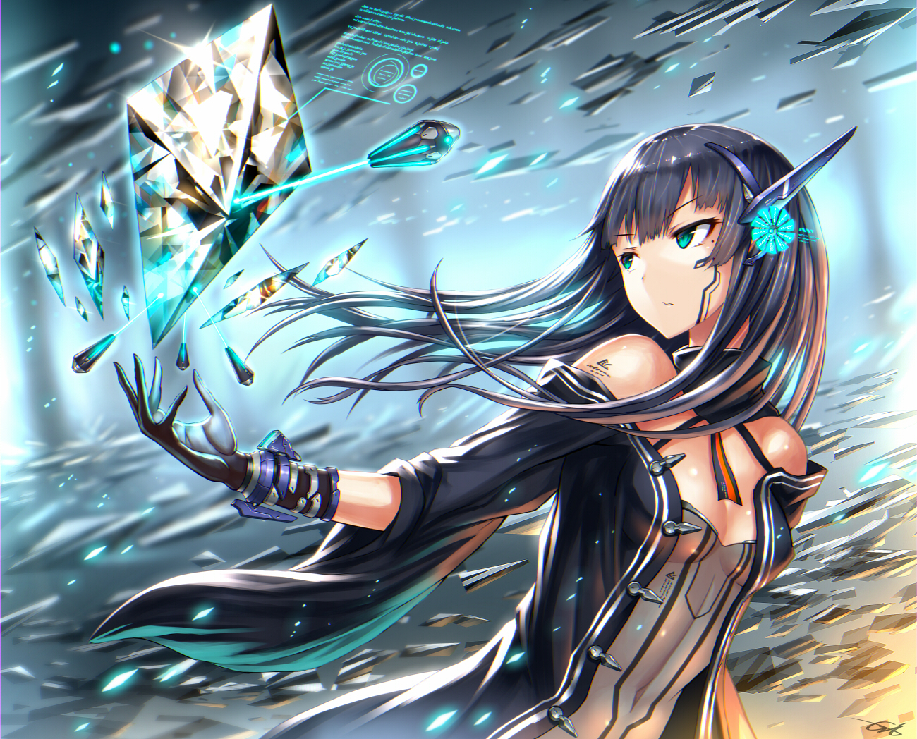 aqua_eyes, black_hair, breasts, cleavage, cropped, gia, gloves, long_hair