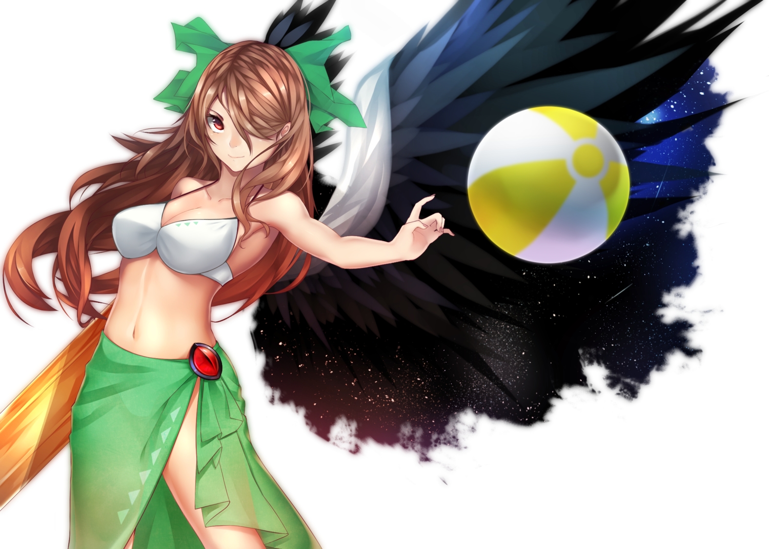 ankh_(ankh_05), bikini_top, bow, breasts, brown_hair, cleavage, long_hair, navel, reiuji_utsuho, skirt, swimsuit, touhou