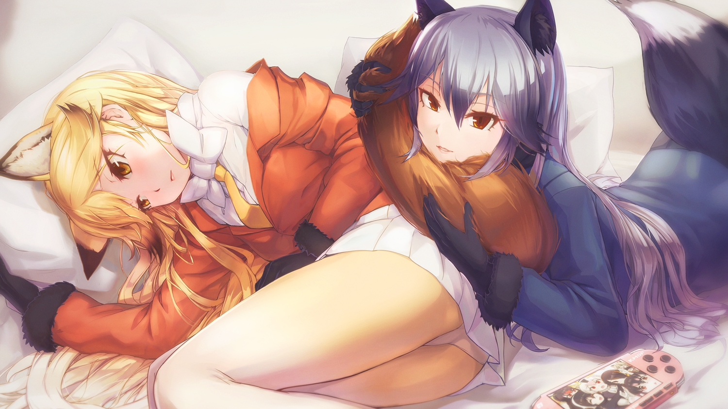 2girls, animal_ears, anthropomorphism, ass, blonde_hair, breasts, brown_eyes, foxgirl, gray_hair, kemono_friends, long_hair, mact, panties, red_fox_(kemono_friends), silver_fox_(kemono_friends), skirt, tail, underwear, yellow_eyes
