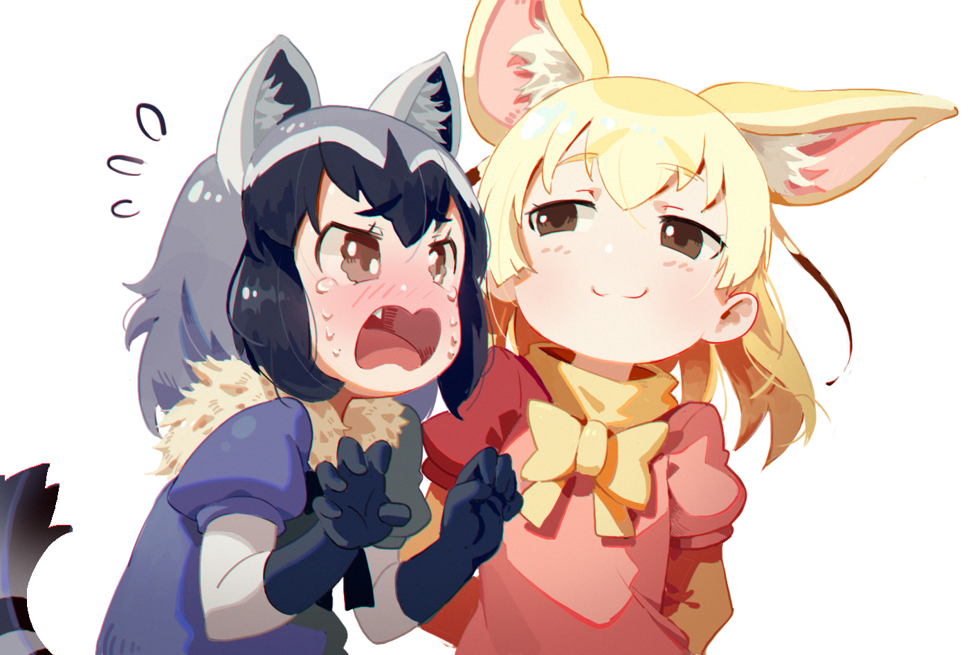 2girls, animal_ears, anthropomorphism, black_hair, blonde_hair, blush, bow, brown_eyes
