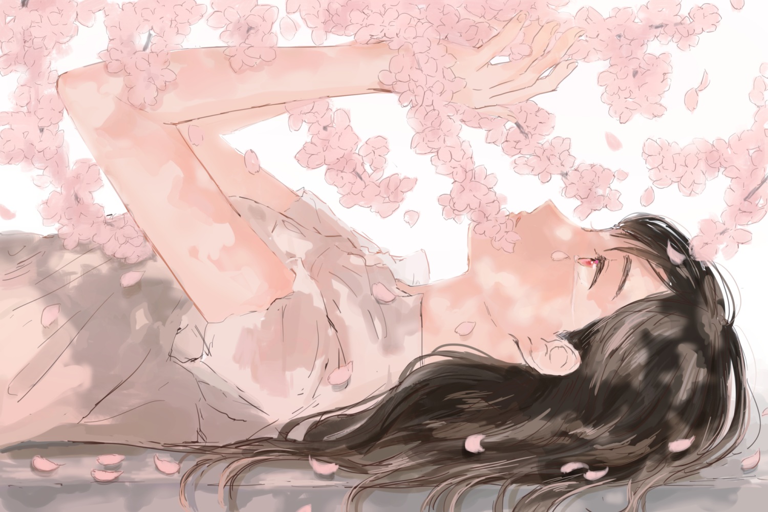 black_hair, hinao_(flowerrabbit2348), long_hair, original, petals, pink_eyes, tears
