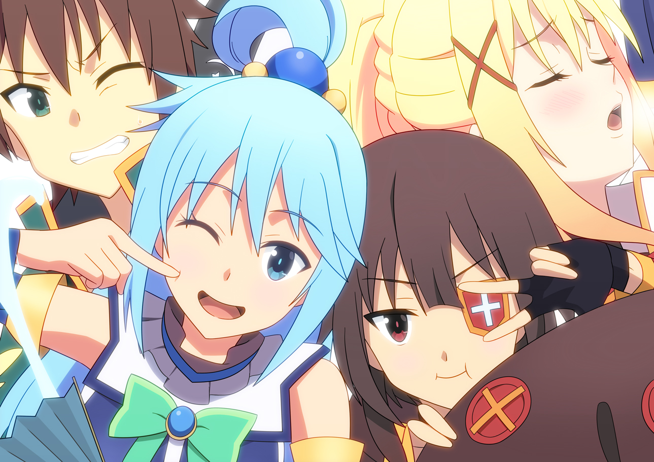 aqua_eyes, aqua_hair, aqua_(konosuba), blonde_hair, blush, bow, brown_hair, close