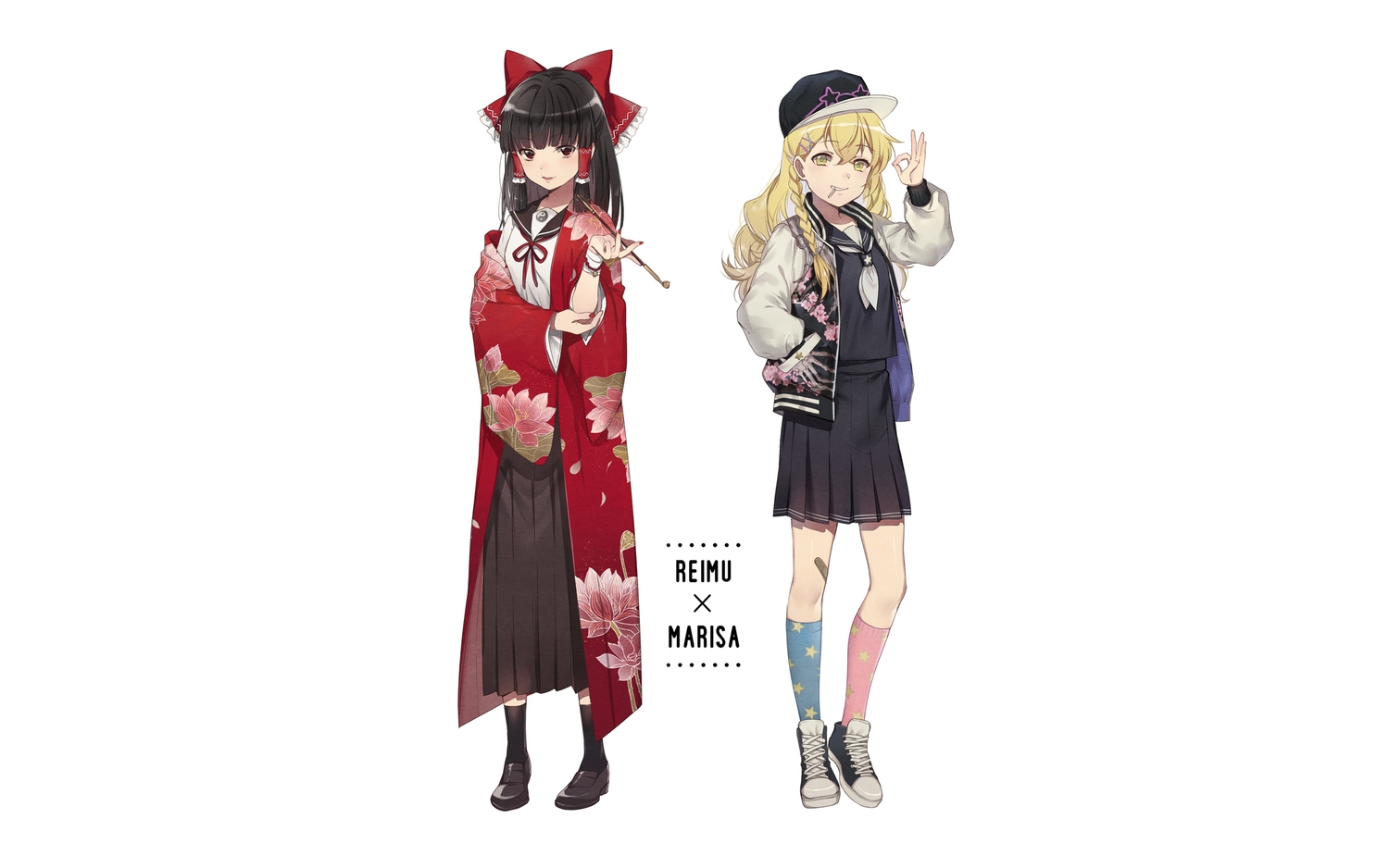 2girls, black_hair, blonde_hair, braids, ekira_nieto, hakurei_reimu, hat, kirisame_marisa
