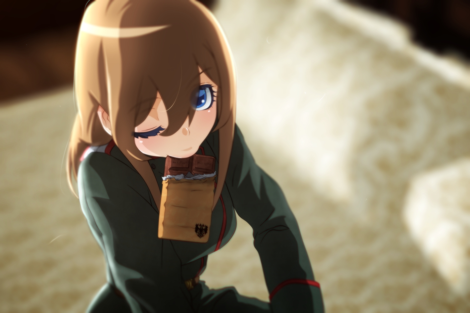 blue_eyes, brown_hair, candy, chocolate, genya67, long_hair, military, uniform