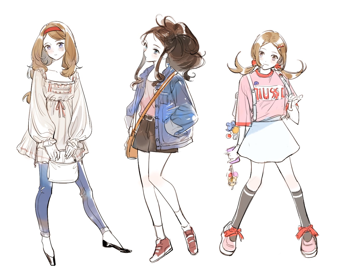 aliasing, black_hair, brown_hair, dress, headband, kotneciii, kotone_(pokemon), phone, pokemon, ponytail, serena_(pokemon), shirt, shorts, skirt, socks, touko_(pokemon), white