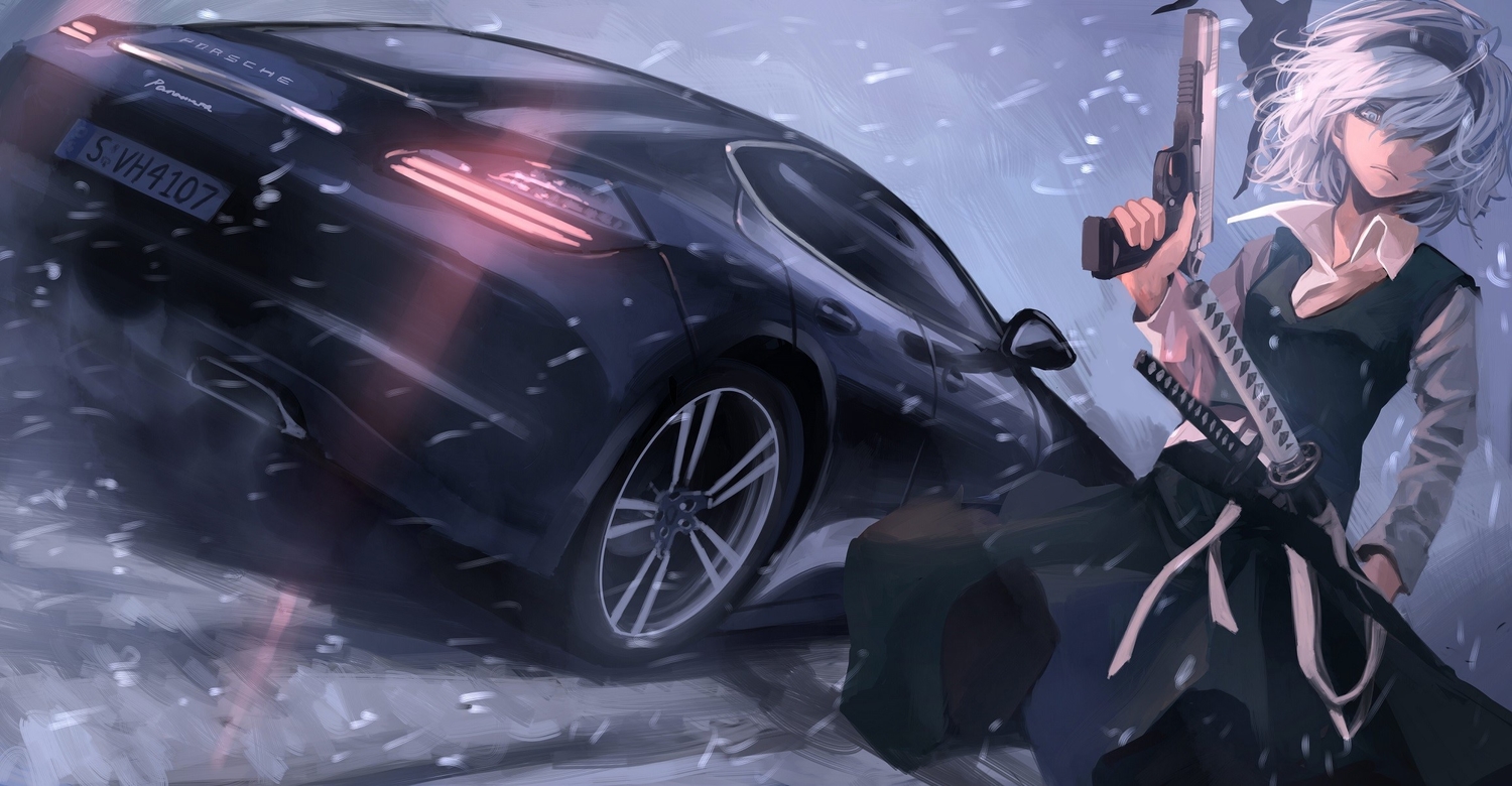 car, gray_hair, gun, headband, katana, koh_(minagi_kou), konpaku_youmu, short_hair