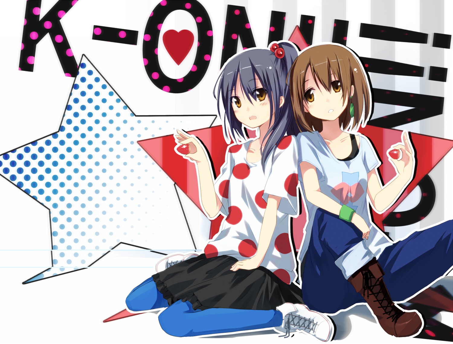 2girls, blush, boots, brown_eyes, brown_hair, food, fruit, gochou_(comedia80)