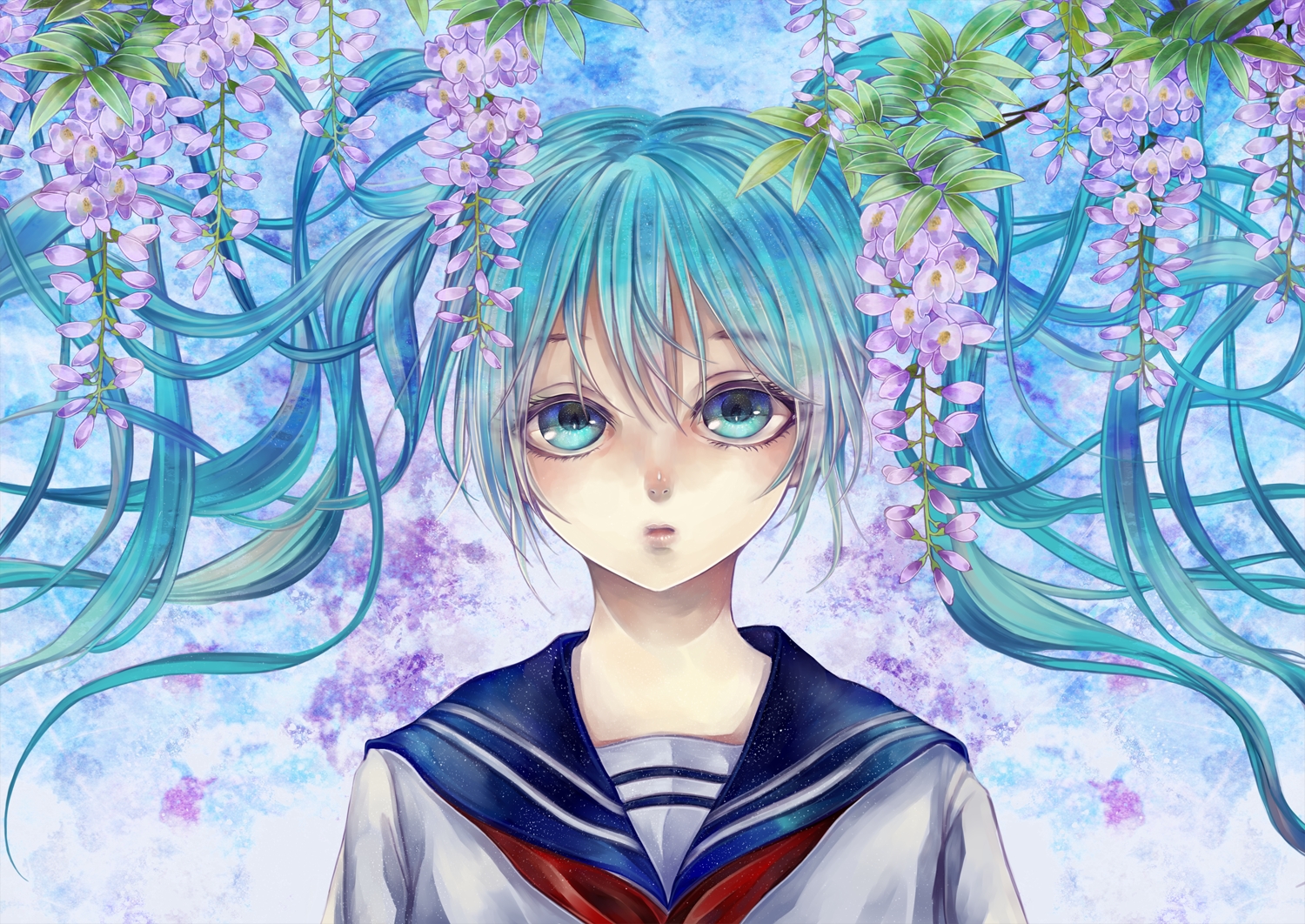 aqua_eyes, aqua_hair, blacksio, flowers, hatsune_miku, long_hair, school_uniform, twintails