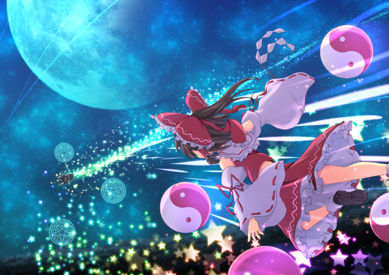 2girls, bow, brown_hair, cross_(crossryou), hakurei_reimu, japanese_clothes, kirisame_marisa, mage