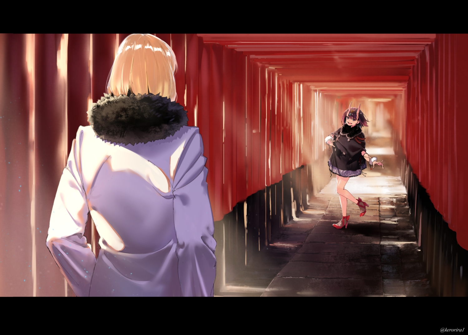 black_hair, blonde_hair, demon, dress, fang, fate/grand_order, fate_(series), horns