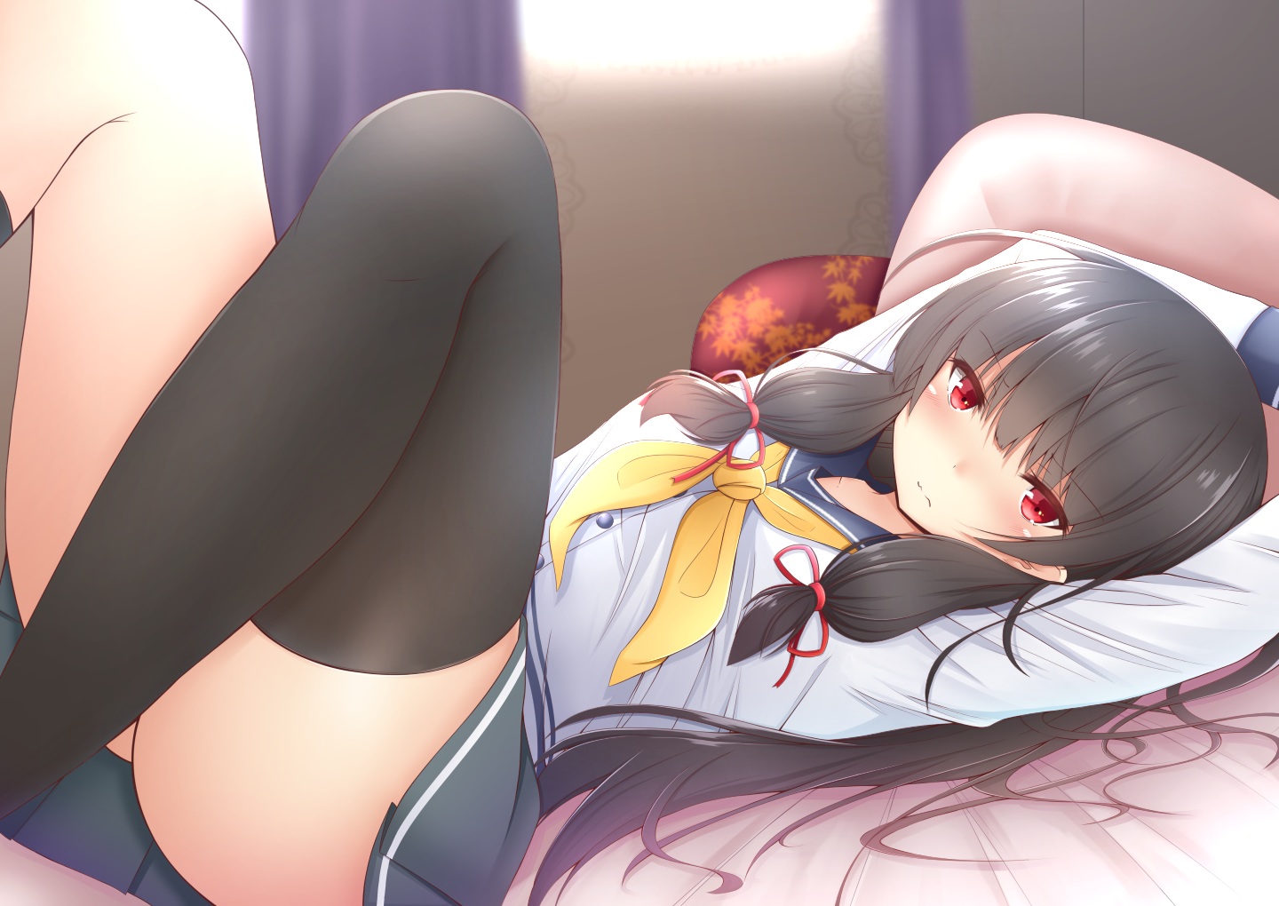 aliasing, anthropomorphism, ass, black_hair, blush, doyachii, isokaze_(kancolle), kantai_collection, kneehighs, long_hair, red_eyes, school_uniform, skirt, thighhighs