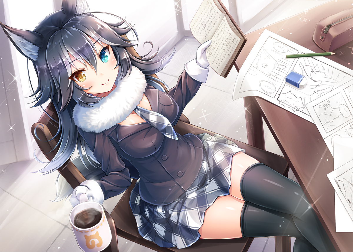 akashio_(loli_ace), animal_ears, anthropomorphism, bicolored_eyes, black_hair, book, breasts, drink, gloves, gray_wolf_(kemono_friends), kemono_friends, long_hair, paper, skirt, thighhighs, tie, wolfgirl, zettai_ryouiki