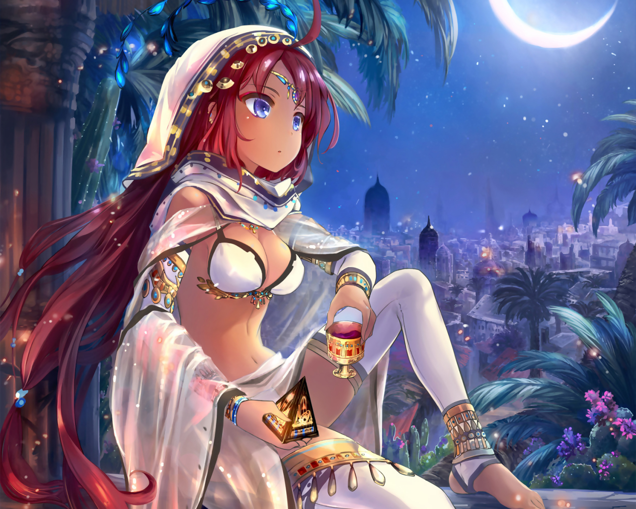 barefoot, bikini, breasts, cape, cleavage, cropped, dragons_shadow, drink, long_hair, moon, navel, night, purple_eyes, red_hair, see_through, swimsuit, thighhighs, virus_(obsession)