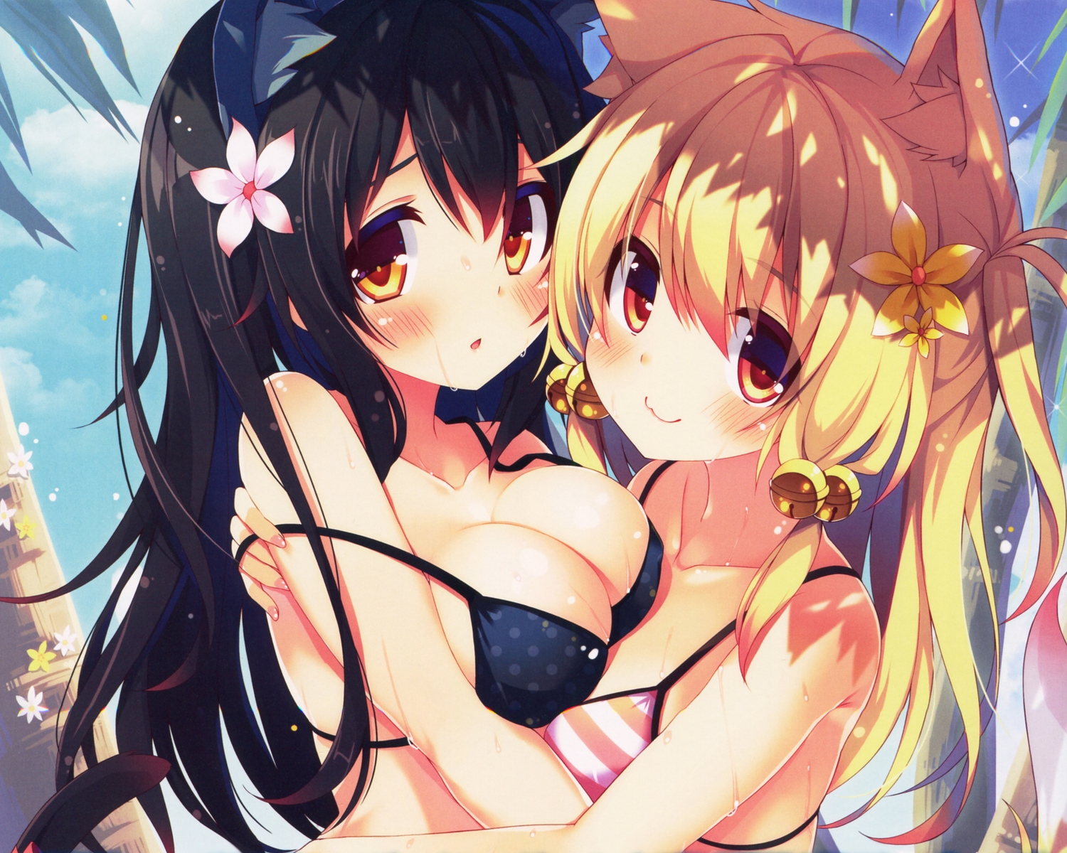 animal_ears, bikini, black_hair, blonde_hair, breasts, brown_eyes, catgirl, chiri_(atlanta), cleavage, cropped, foxgirl, long_hair, meina, original, red_eyes, scan, swimsuit, tail, ten'inkou_korin