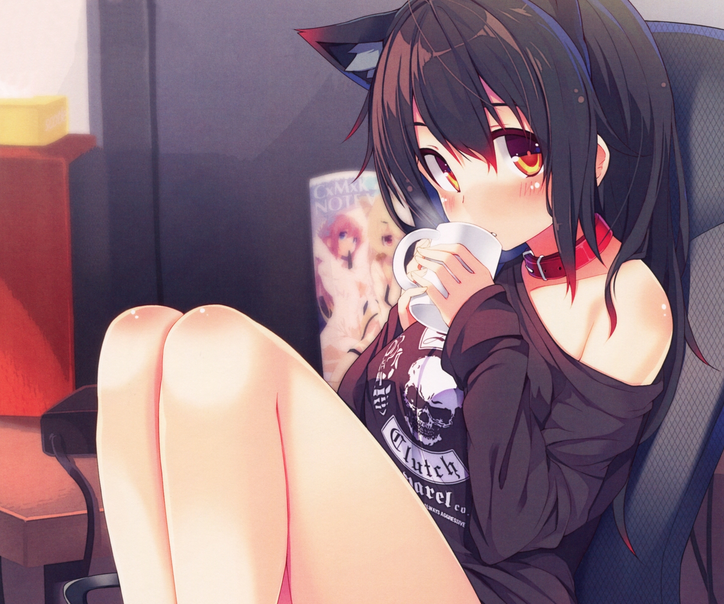 animal_ears, black_hair, blush, brown_eyes, catgirl, chiri_(atlanta), collar, cropped, drink, long_hair, meina, original, scan, third-party_edit