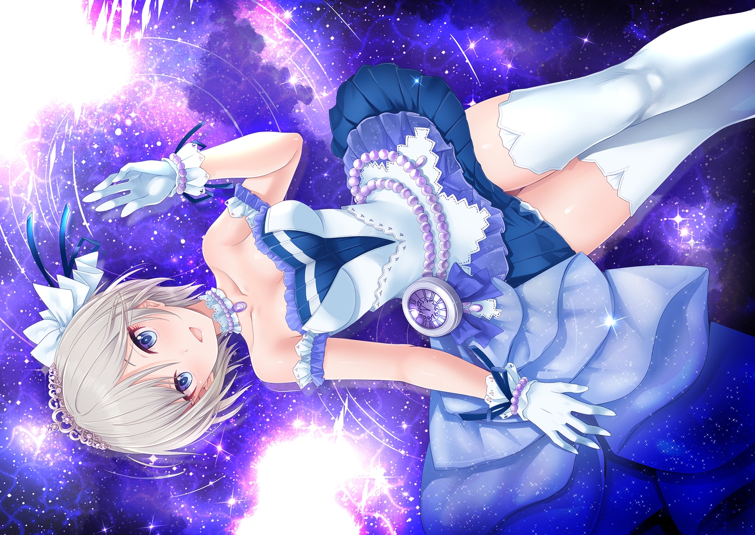 anastasia_(idolmaster), aqua_eyes, breasts, crown, gloves, gray_hair, idolmaster, idolmaster_cinderella_girls, kazu, short_hair, skirt, thighhighs