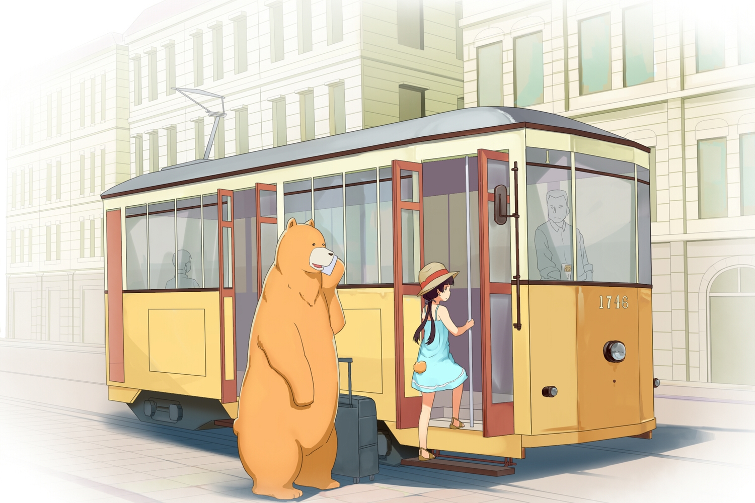 amayadori_machi, animal, bear, black_hair, building, dress, hat, kumai_natsu