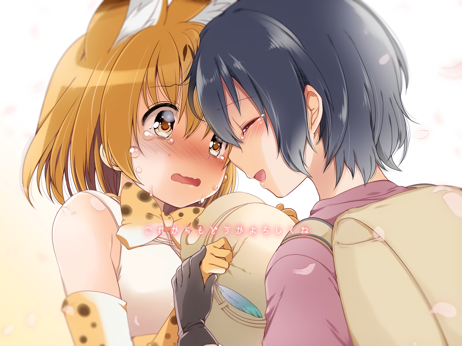 2girls, animal_ears, anthropomorphism, black_hair, bow, brown_eyes, brown_hair, catgirl