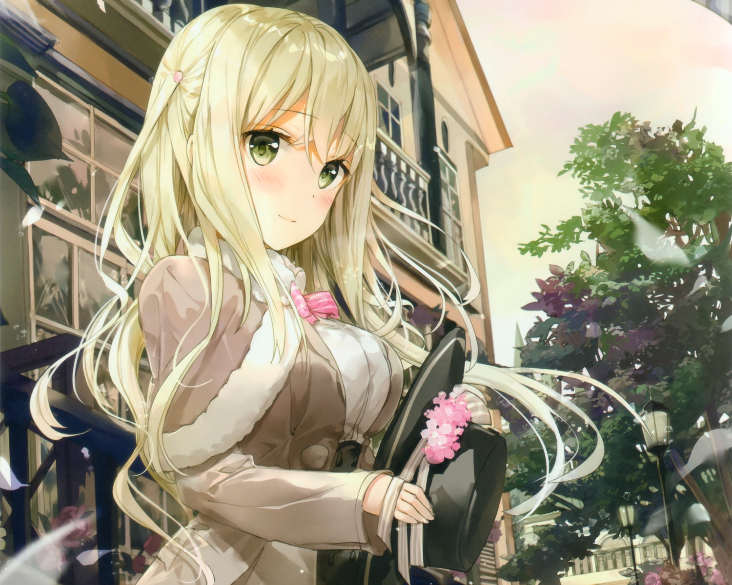 blonde_hair, breasts, cropped, fuumi_(radial_engine), green_eyes, long_hair, original, scan