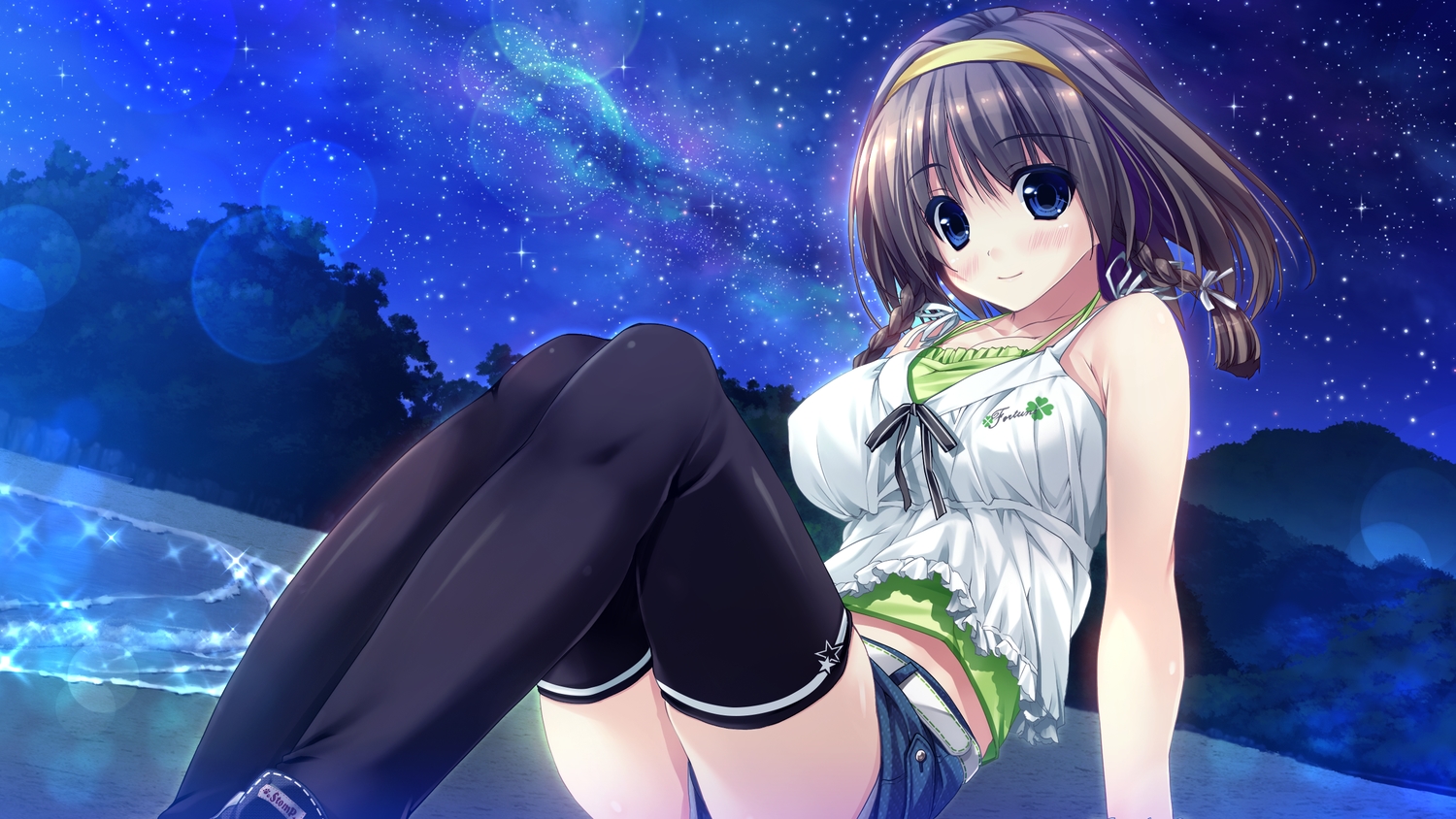 blue_eyes, brown_hair, clochette, game_cg, haruru_minamo_ni!, matsufusa_ema, night, shintaro, short_hair, stars, thighhighs, water