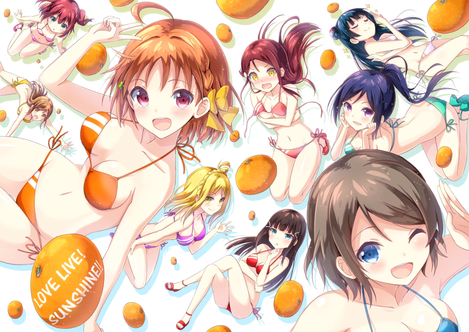aqua_eyes, bikini, black_hair, blonde_hair, blue_hair, blush, bow, braids, breast_hold, breasts, brown_hair, chamirai, food, fruit, green_eyes, group, kunikida_hanamaru, kurosawa_dia, kurosawa_ruby, long_hair, love_live!_school_idol_project, love_live!_sunshine!!, matsuura_kanan, navel, ohara_mari, orange_(fruit), pink_eyes, purple_eyes, red_hair, sakurauchi_riko, short_hair, swimsuit, takami_chika, tsushima_yoshiko, watanabe_you, wink, yellow_eyes