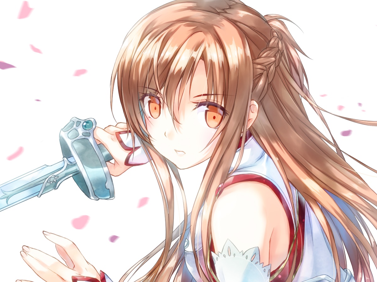 brown_eyes, brown_hair, close, long_hair, petals, senoo_aoi, sword, sword_art_online, weapon, yuuki_asuna