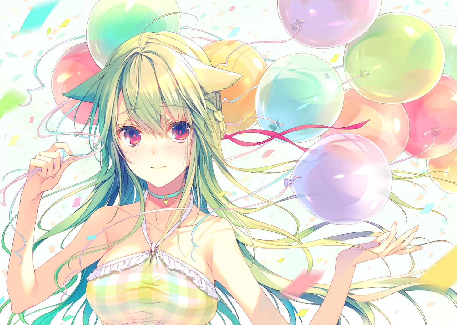 animal_ears, blush, braids, breasts, green_hair, long_hair, original, red_eyes