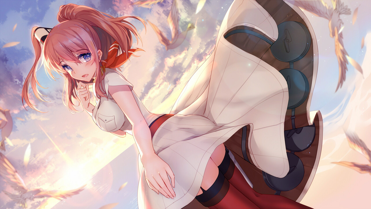animal, anthropomorphism, bird, bison_cangshu, blush, breasts, clouds, dress