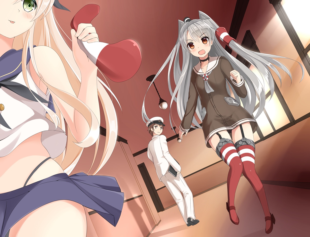 admiral_(kancolle), amatsukaze_(kancolle), anthropomorphism, blonde_hair, blush, brown_eyes, brown_hair, garter_belt