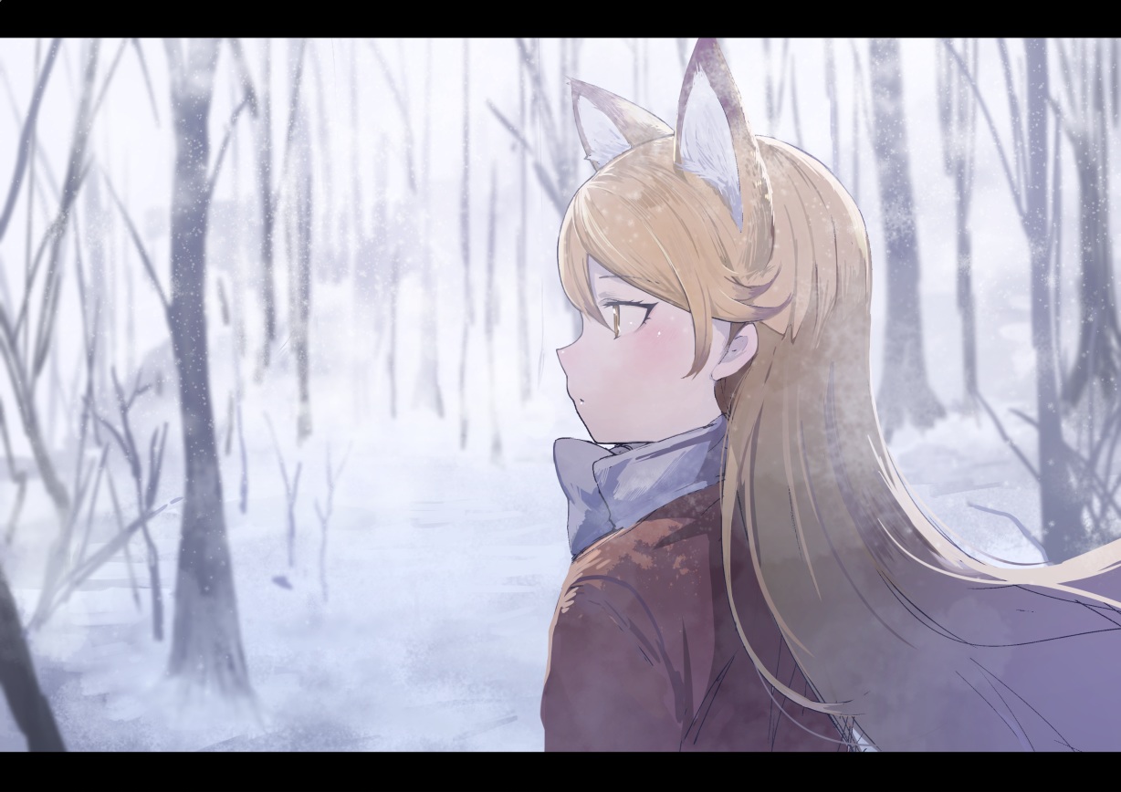 animal_ears, anthropomorphism, blonde_hair, kemono_friends, koruse, long_hair, red_fox_(kemono_friends), snow