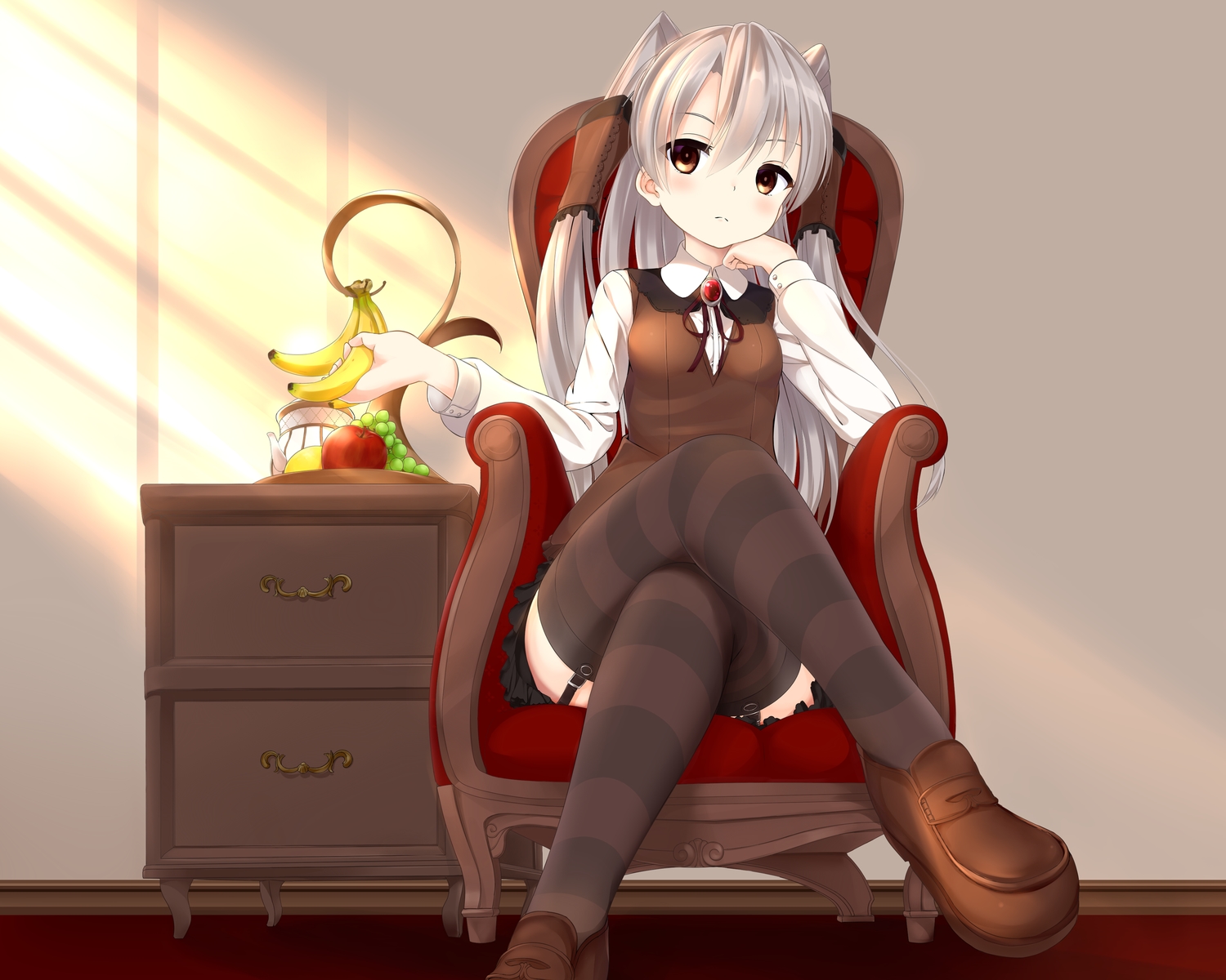 amatsukaze_(kancolle), anthropomorphism, apple, brown_eyes, food, fruit, garter_belt, gray_hair, kantai_collection, leaf1031, long_hair, thighhighs, twintails