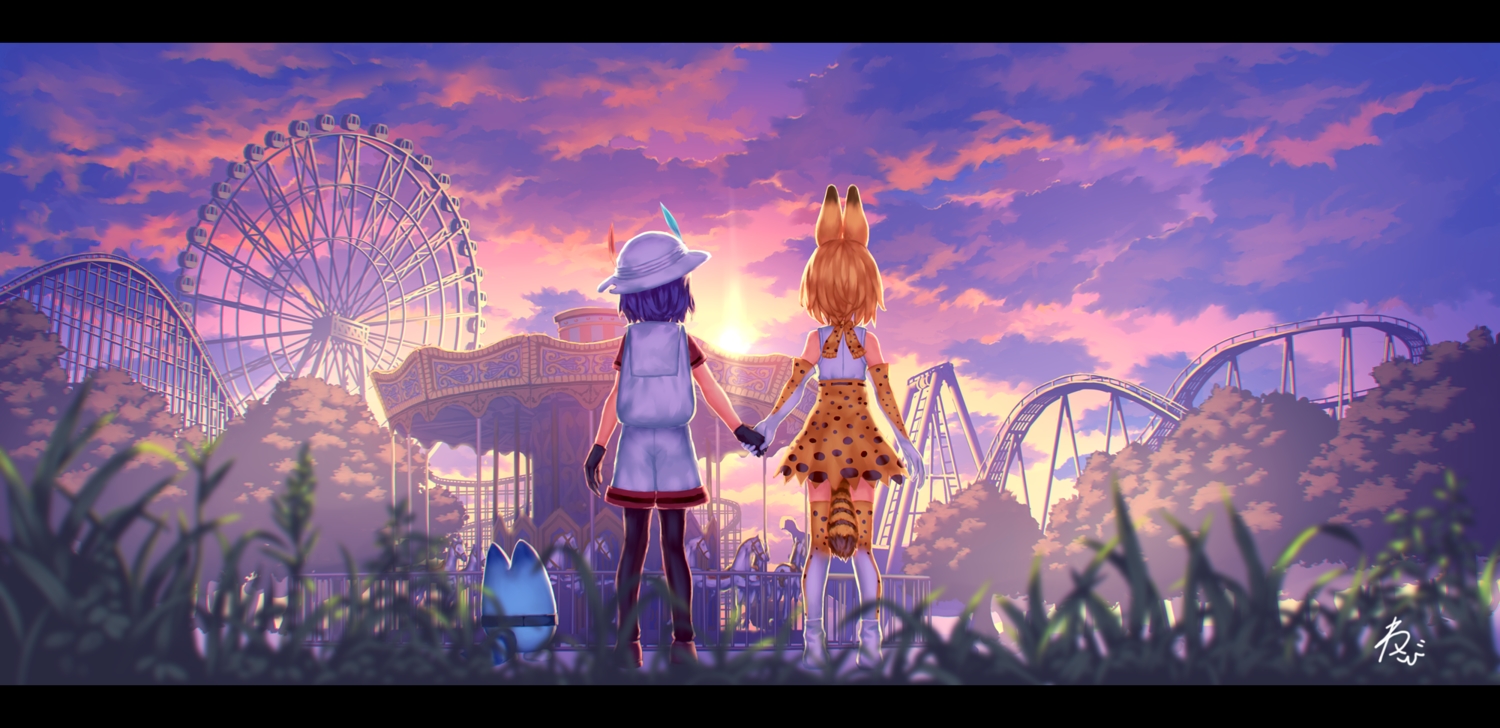 animal_ears, anthropomorphism, blonde_hair, blue_hair, catgirl, clouds, elbow_gloves, gloves