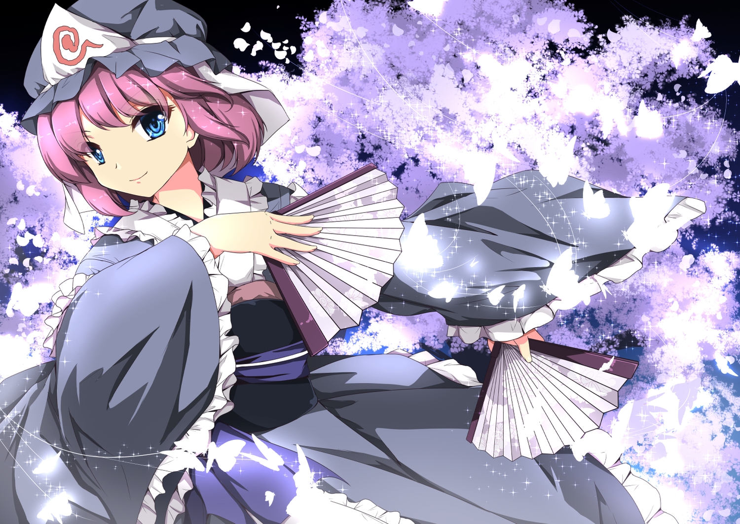 blue_eyes, fan, hat, japanese_clothes, kimono, petals, pink_hair, saigyouji_yuyuko