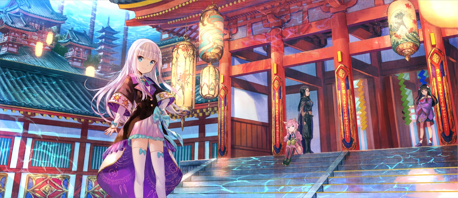 animal_ears, aqua_eyes, black_hair, boots, bow, building, cape, fuji_choko