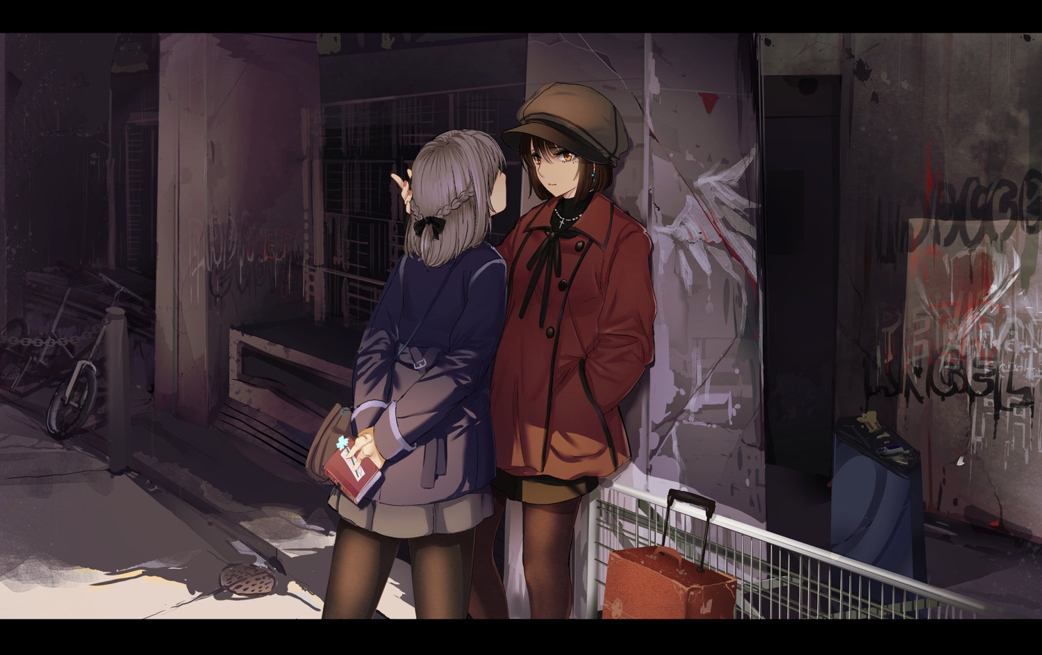 2girls, bicycle, book, braids, brown_hair, cibo_(killy), cross, gray_hair