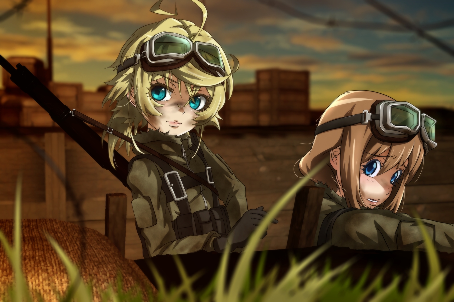 2girls, aqua_eyes, blonde_hair, brown_hair, genya67, goggles, grass, military