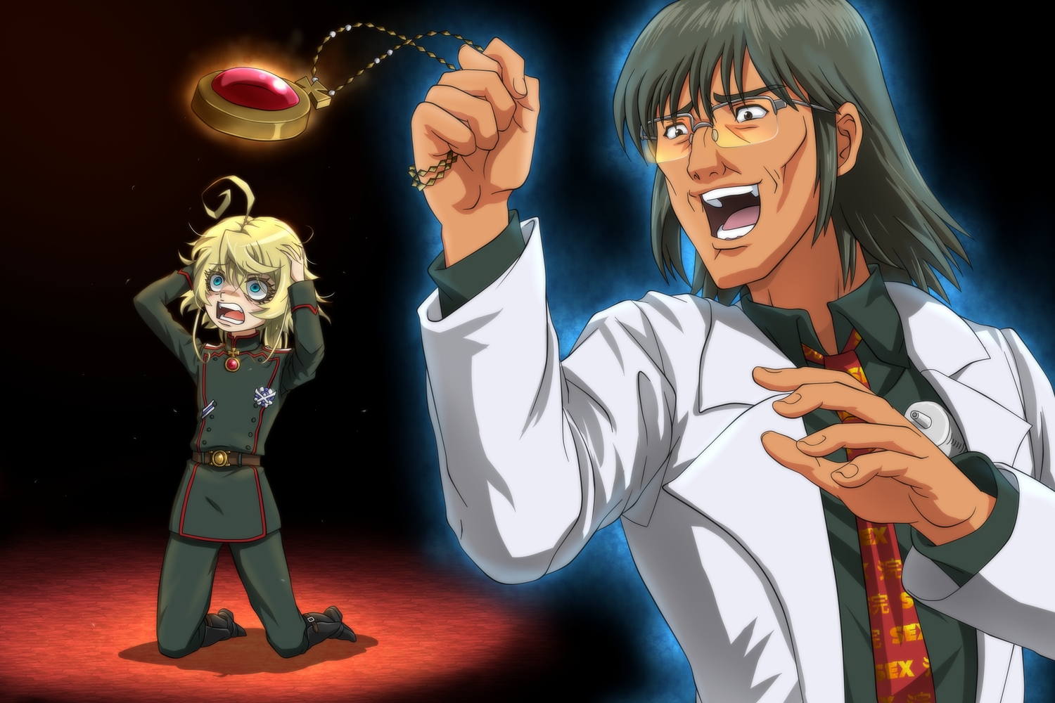 aqua_eyes, blonde_hair, brown_eyes, crossover, genya67, glasses, hirasaka_ryuuji, male