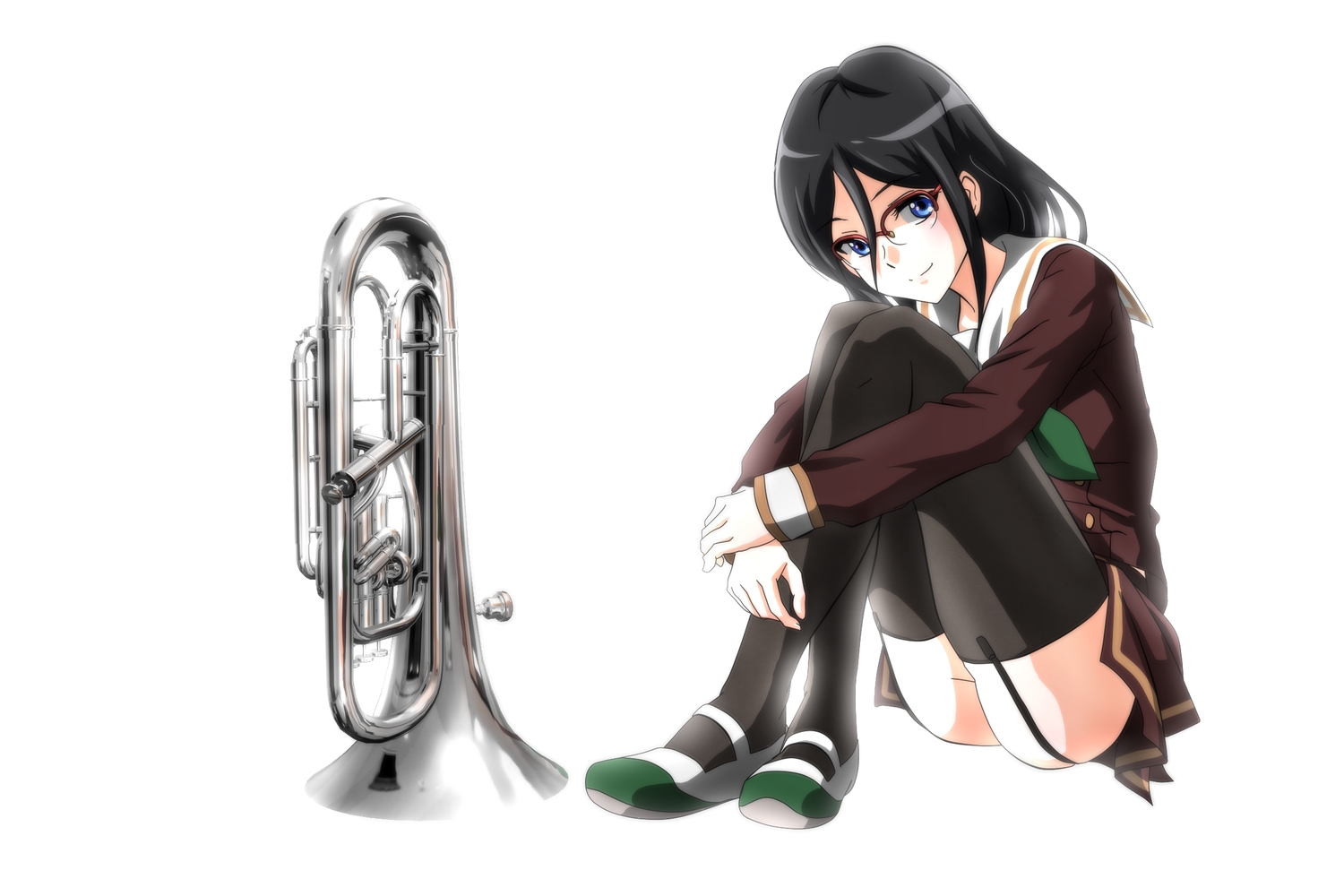 black_hair, blue_eyes, garter_belt, genya67, glasses, hibike!_euphonium, instrument, long_hair