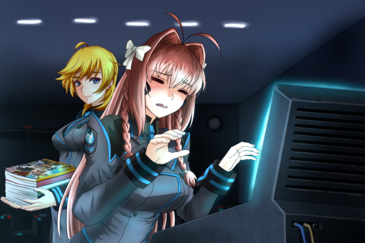2girls, blonde_hair, book, bow, braids, breasts, brown_hair, crossover
