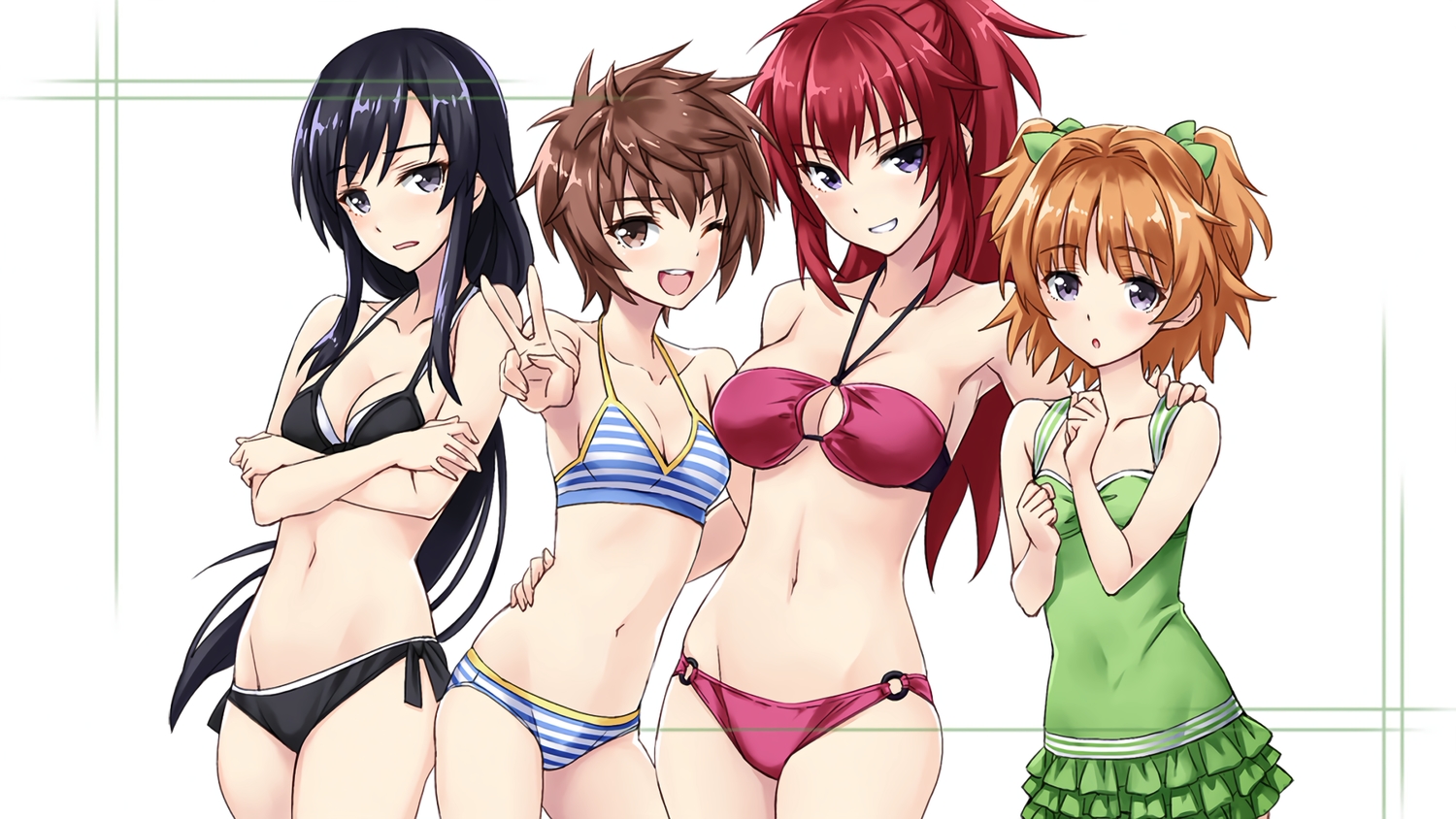 andou_teruha, bikini, black_hair, breast_hold, breasts, brown_eyes, brown_hair, gray_eyes, kobayakawa_yuuka, kuroda_sayuki, long_hair, matsuryuu, navel, ponytail, purple_eyes, red_hair, short_hair, shoujo-tachi_wa_kouya_wo_mezasu, swimsuit, wink, yuuki_uguisu