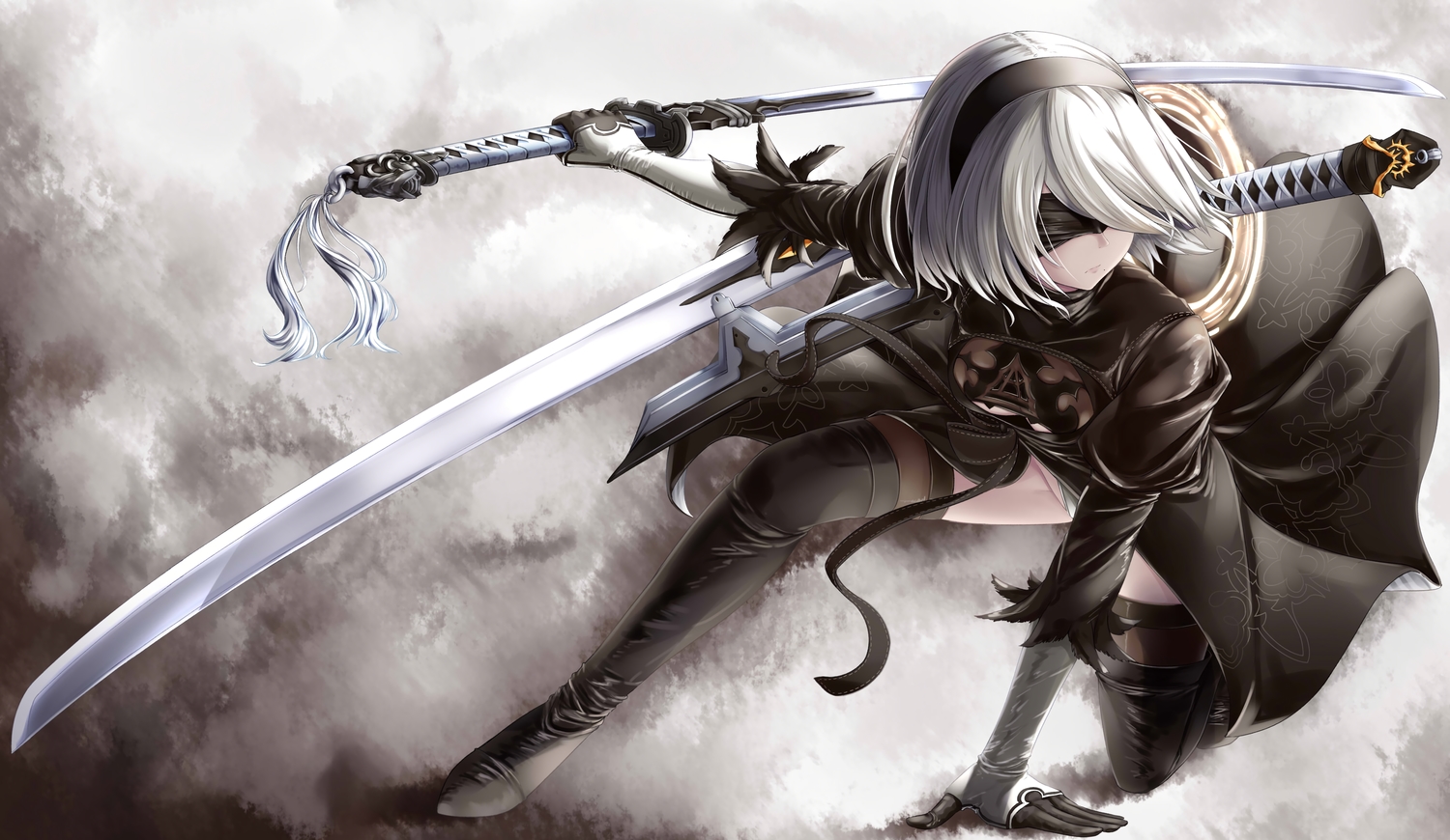 ayakase_hotaru, blindfold, breasts, dress, gloves, gray_hair, katana, nier, nier:_automata, panties, short_hair, sword, thighhighs, underwear, weapon, yorha_unit_no._2_type_b