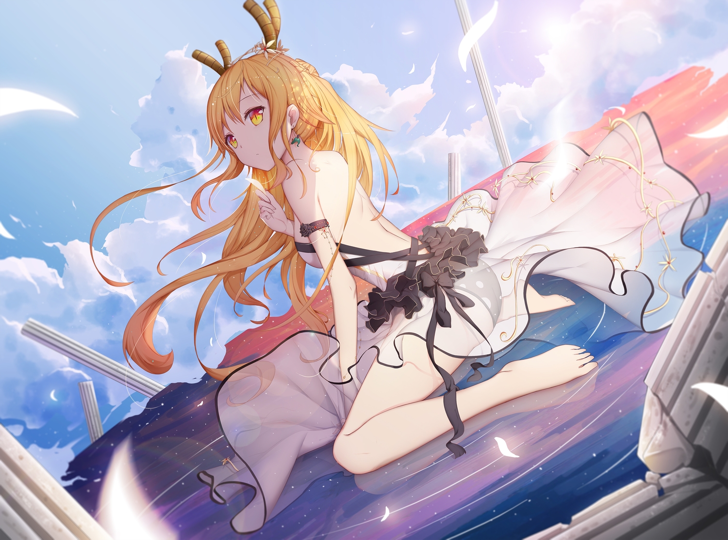 asa_ni_haru, barefoot, blonde_hair, braids, dress, horns, kobayashi-san_chi_no_maid_dragon, long_hair, panties, see_through, tooru_(maidragon), underwear, yellow_eyes