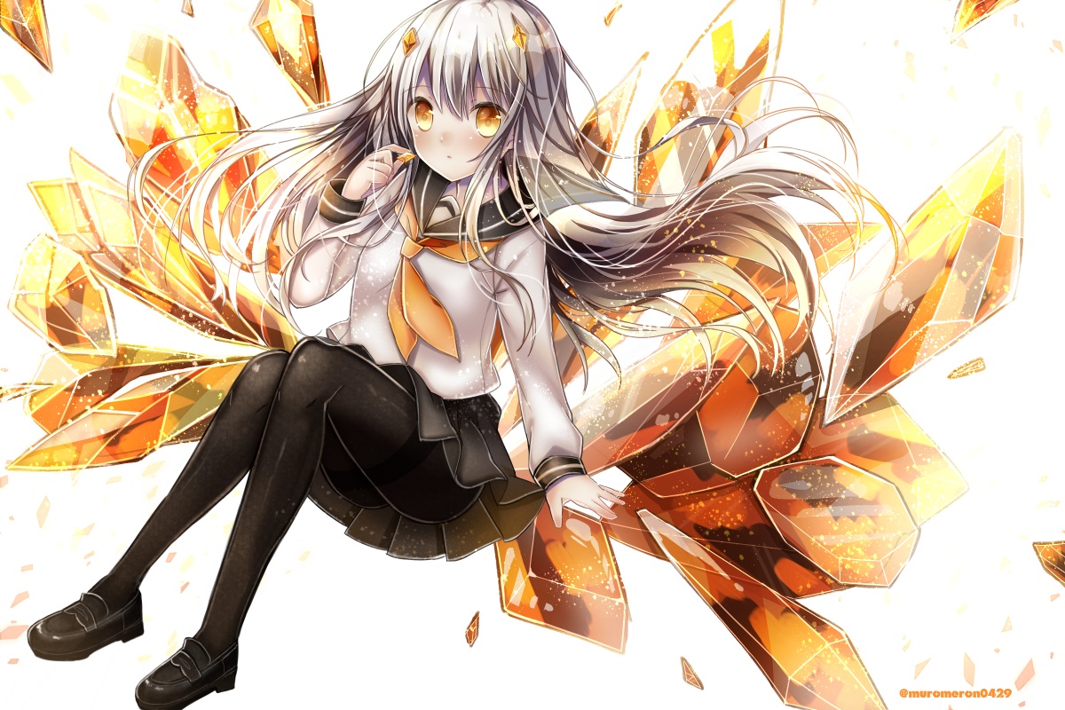aliasing, kohaku_muro, long_hair, original, school_uniform, stockings, watermark, white_hair