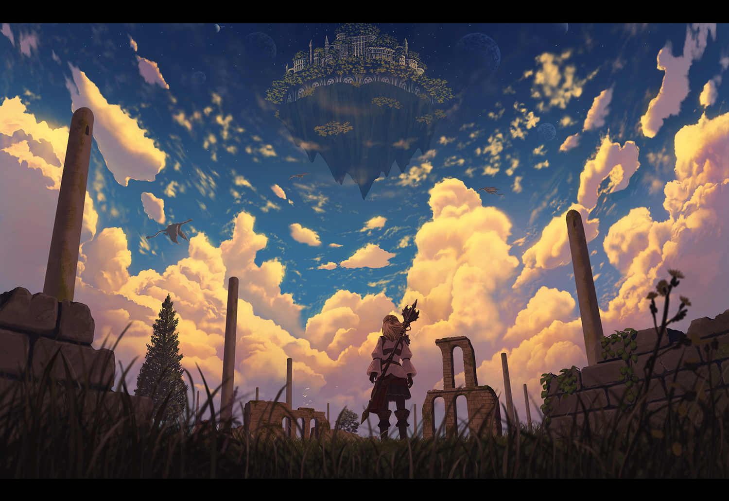 blonde_hair, clouds, dragon, grass, long_hair, nauimusuka, original, ruins, scenic, sky, weapon