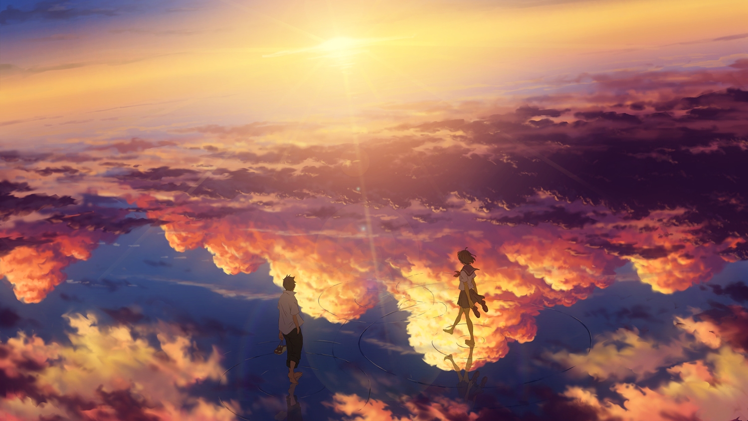 barefoot, clouds, goke_shike_(altamira05), male, original, reflection, school_uniform, short_hair