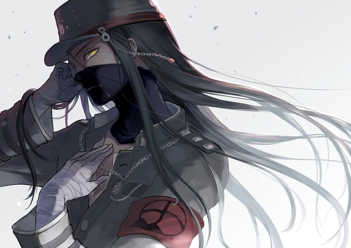 all_male, aro_ro22dr, chain, dangan-ronpa, long_hair, male, mask, new_dangan-ronpa_v3, shinguuji_korekiyo, yellow_eyes