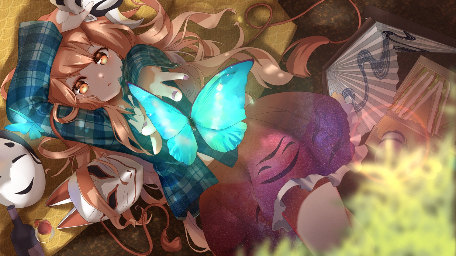 brown_eyes, brown_hair, butterfly, drink, fan, food, hata_no_kokoro, long_hair, mask, rukousou_no_hana, skirt, touhou